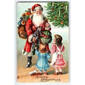 Santa Claus Christmas Postcard Children Tree Otto Schloss 1046 Original Embossed